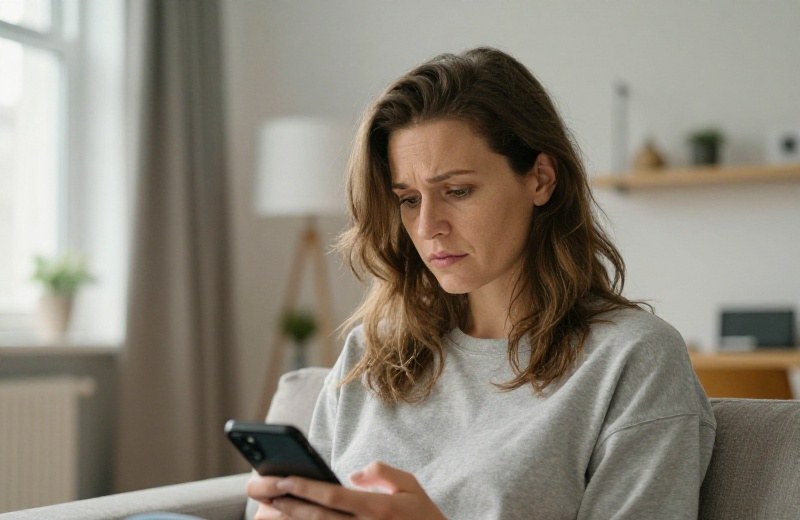 Młoda Polka siedząca przy oknie ostrożnie analizuje profil na aplikacji randkowej w telefonie, skupiony wyraz twarzy, naturalne dzienne światło w mieszkaniu