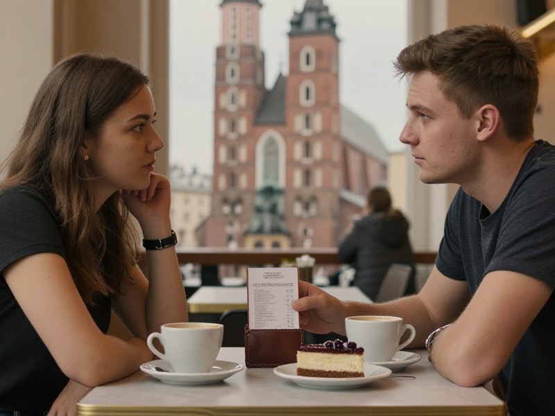 Para po trzydziestce siedzi przy stoliku w jasnej warszawskiej kawiarni, na stole dwie filiżanki kawy i rachunek na tacce, oboje uśmiechnięci, naturalne światło dzienne