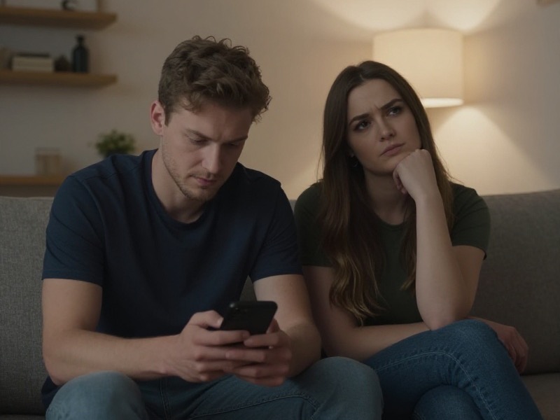 Para siedzi naprzeciwko siebie przy stole w przytulnej kawiarni, kobieta trzyma telefon lekko odwrócony od partnera, mężczyzna patrzy na nią z zamyśloną miną, ciepłe naturalne światło