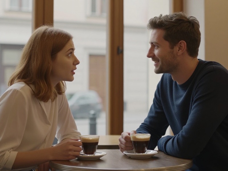 A young couple in their late twenties sharing an animated conversation over coffee at a sunlit cafe table in Krakow's Old Town, leaning slightly toward each other with genuine laughter, warm natural daylight.
