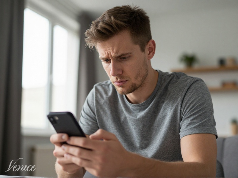 Młoda Polka ostrożnie przegląda aplikację randkową na telefonie, uważny wyraz twarzy, naturalne światło w mieszkaniu