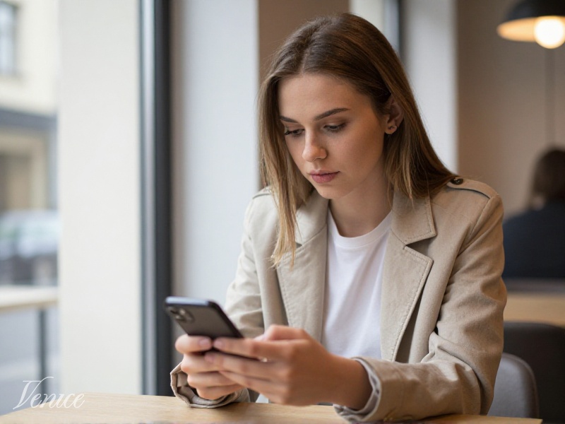 Młoda kobieta w warszawskiej kawiarni tworzy profil randkowy na telefonie, nowoczesne wnętrze, naturalne światło dzienne, uśmiech