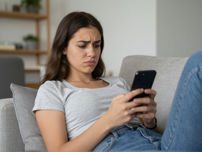 Młoda kobieta siedzi przy oknie w jasnym mieszkaniu i patrzy z namysłem na ekran telefonu z krótką wiadomością, naturalne światło dzienne.