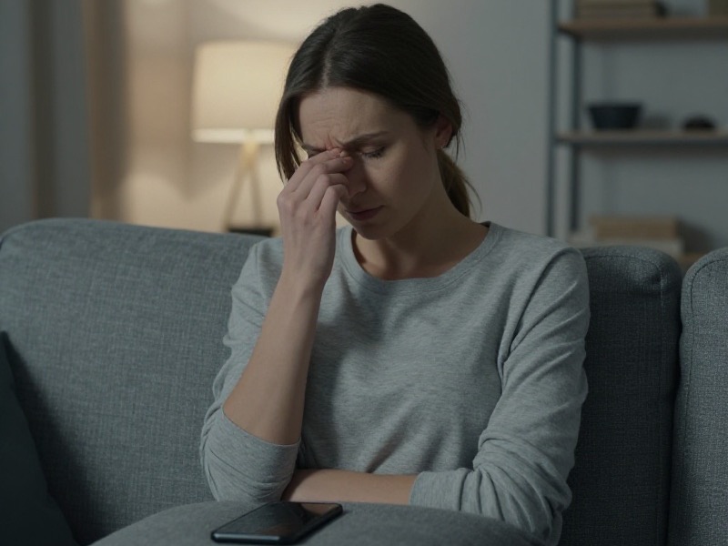 A tired woman in her early thirties sitting on a sofa in a dimly lit Warsaw apartment in the evening, holding her phone loosely and looking away from the screen with a weary, unfocused expression, soft lamplight and muted colours.