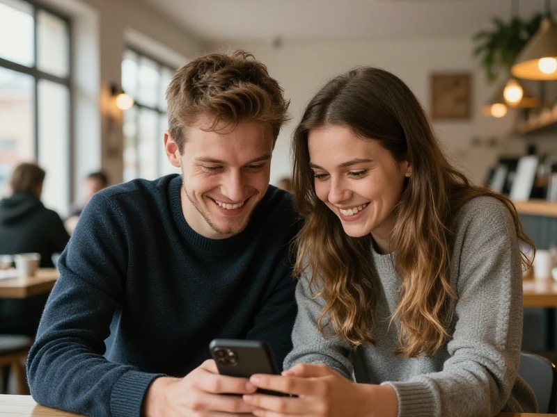 Uśmiechnięta kobieta w wieku około trzydziestu lat siedzi w jasnej polskiej kawiarni i rozmawia przez telefon na wideorozmowie, naturalne światło dzienne